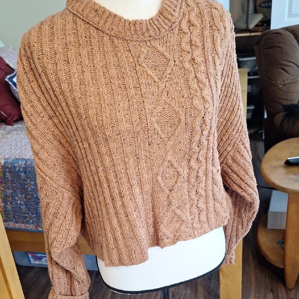 Free People Cozy Cable-Knit Cropped Sweater - Tan